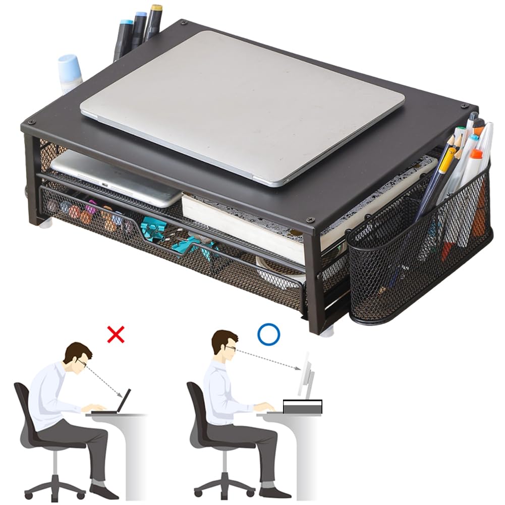 Supporto per monitor per computer a 2 livelli con cassetto e 2 portapenne, organizer da ufficio, supporto per monitor, accessori da scrivania per ufficio