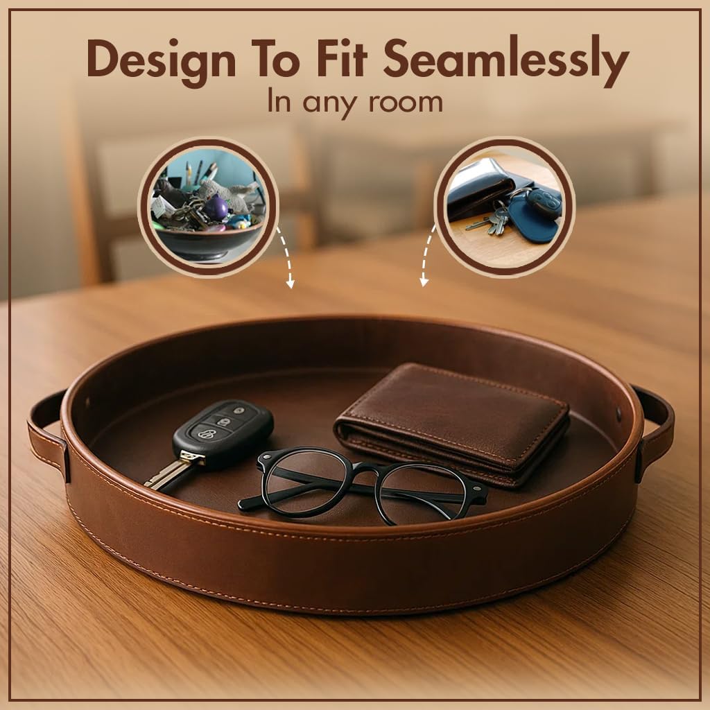 Stitched Round Leather Tray with Leather Handle Ideal for Serving Coffee Drinks Ottoman Tray for Office Home Kitchen Snack Counter Centerpiece Storage (Light Brown (16 x 16 Inch) - Image 4