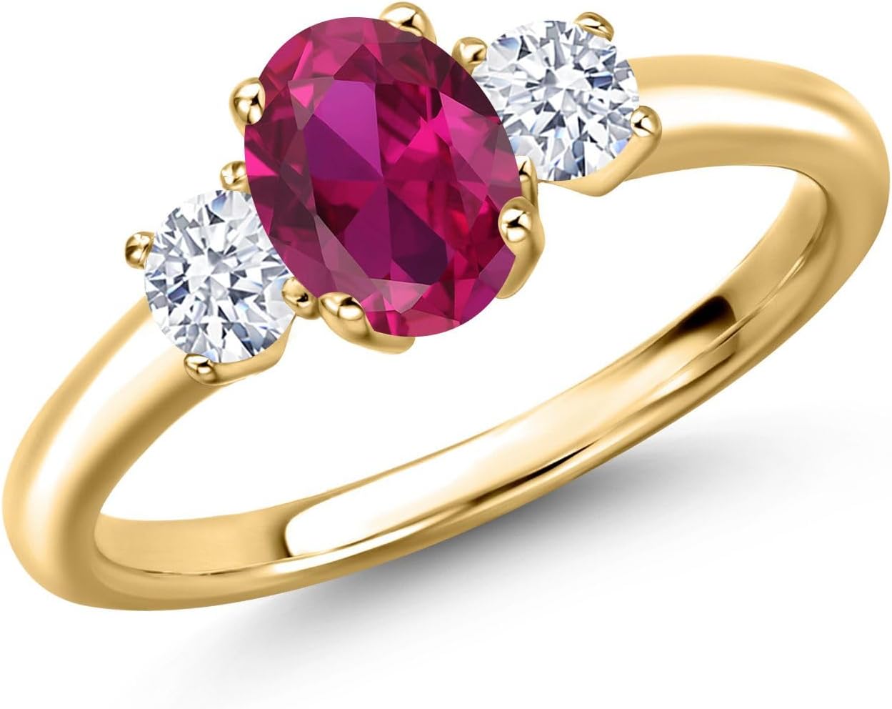Gem Stone King 18K Yellow Gold Plated Silver Gemstone Birthstone 3-Stone Engagement Ring for Women | Oval 7X5MM and Round 3MM | Wedding Anniversary Promise Ring | Sizes 5, 6, 7, 8, 9