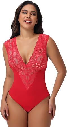 SHAPERIN Sexy Lace Bodysuit for Women Tummy Control Thong Shapewear Deep V Neck Body Suits Corset Tops Going Out Tank Top