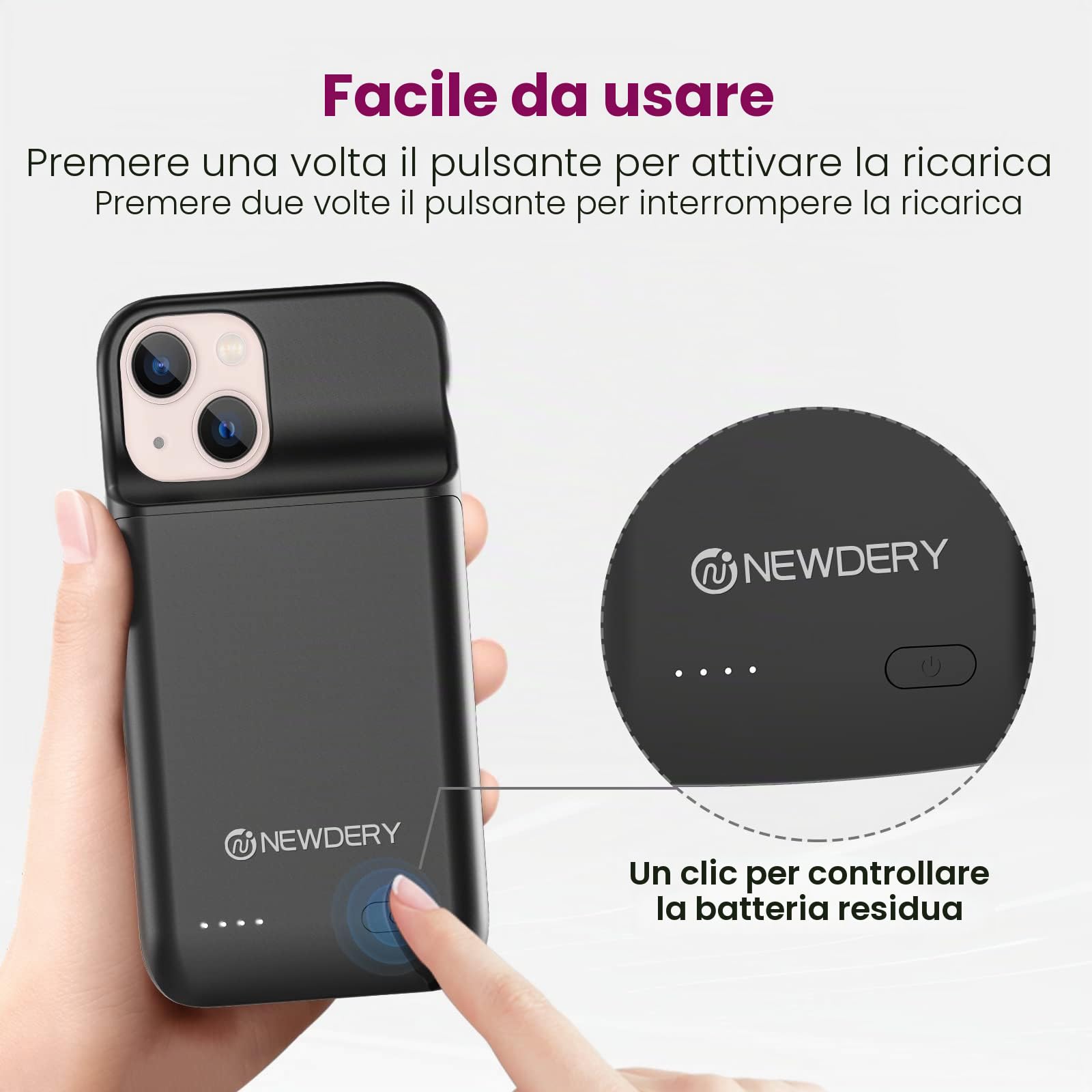 NEWDERY Custodia Batteria Per iPhone 12 Mini & 13 Mini, 4700mAh Protettiva Portatile, Ricaricabile Caricabatteria Estesa (5,4 ")