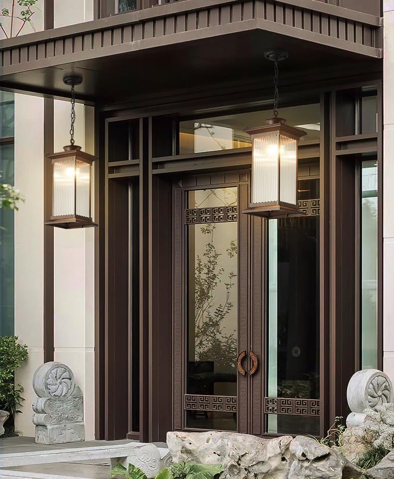 Image of Outdoor Wall Lantern Light, Brown Finish, Ribbed Glass Shade and Black Hanging & Gate Light (Half Wall, 1) (Hanging LAMP, 1)