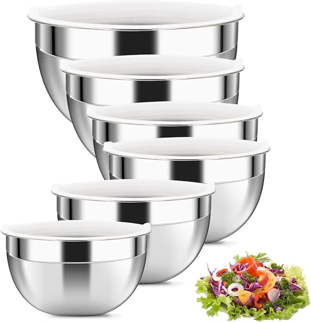 Luvan 18/10 304 Bol de mélange en acier inoxydable, ensemble de 6(1,1.5,1.9,2.6,3.4,4.2QT),avec des lides étanches, des bols de neige pour Space Stockage d'économie, Lave-vaisselle sans danger, Idéal pour le mélange, Baignade, Préparation