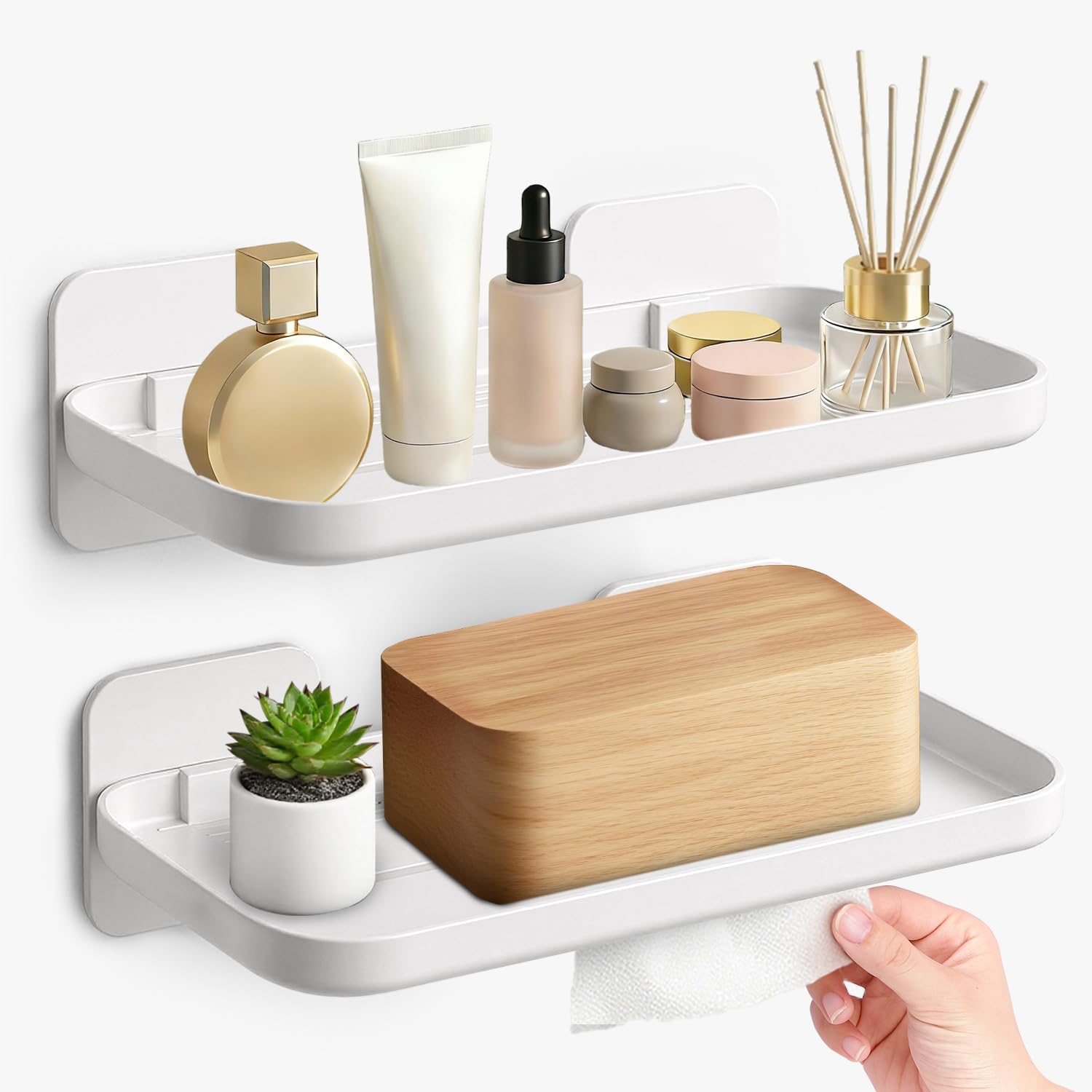 FAYYGYH 2 Pack Adhesive Floating Shelves No Drill Small Floating Shelf for Wall Storage Damage-Free Wall Mounted Organizer for Bathroom, Kitchen,