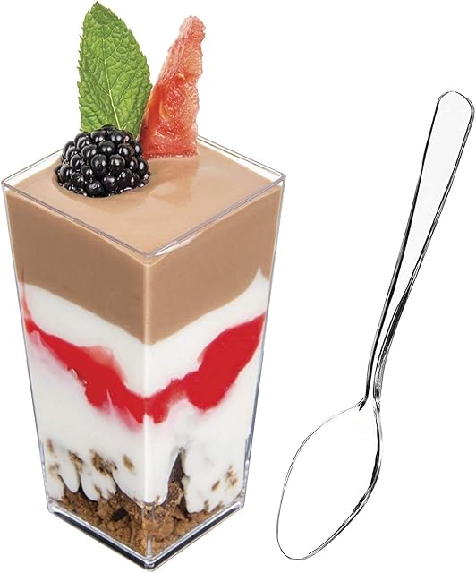 DLux 50 x 3 oz Mini Dessert Cups with Spoons, Square Tall - Clear Plastic Parfait Appetizer Cup - Small re-usable Serving Bowl for Tasting Party Desserts Appetizers - with Recipe Ebook