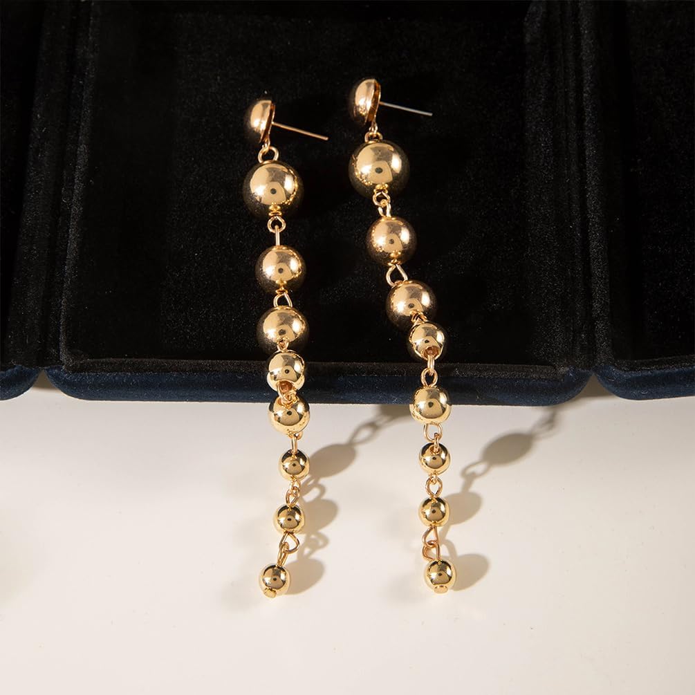 Simple Gold Long Beaded Tassel Ball Drop Dangle Earrings for Women Trendy, Statement Silver Beads Round Ball Dangly Stud Earring Party Prom Jewelry Gifts - Image 6