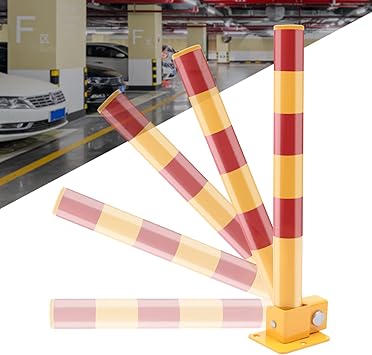 Spring Parking Post Wall Mount Parking Barrier with Lock Folding Metal Parking Obstacle Piles with Warning Stripes Driveway Parking Interceptor Bollard for Parking Lot -Red/Yellow 5.1*4.3*23.6in