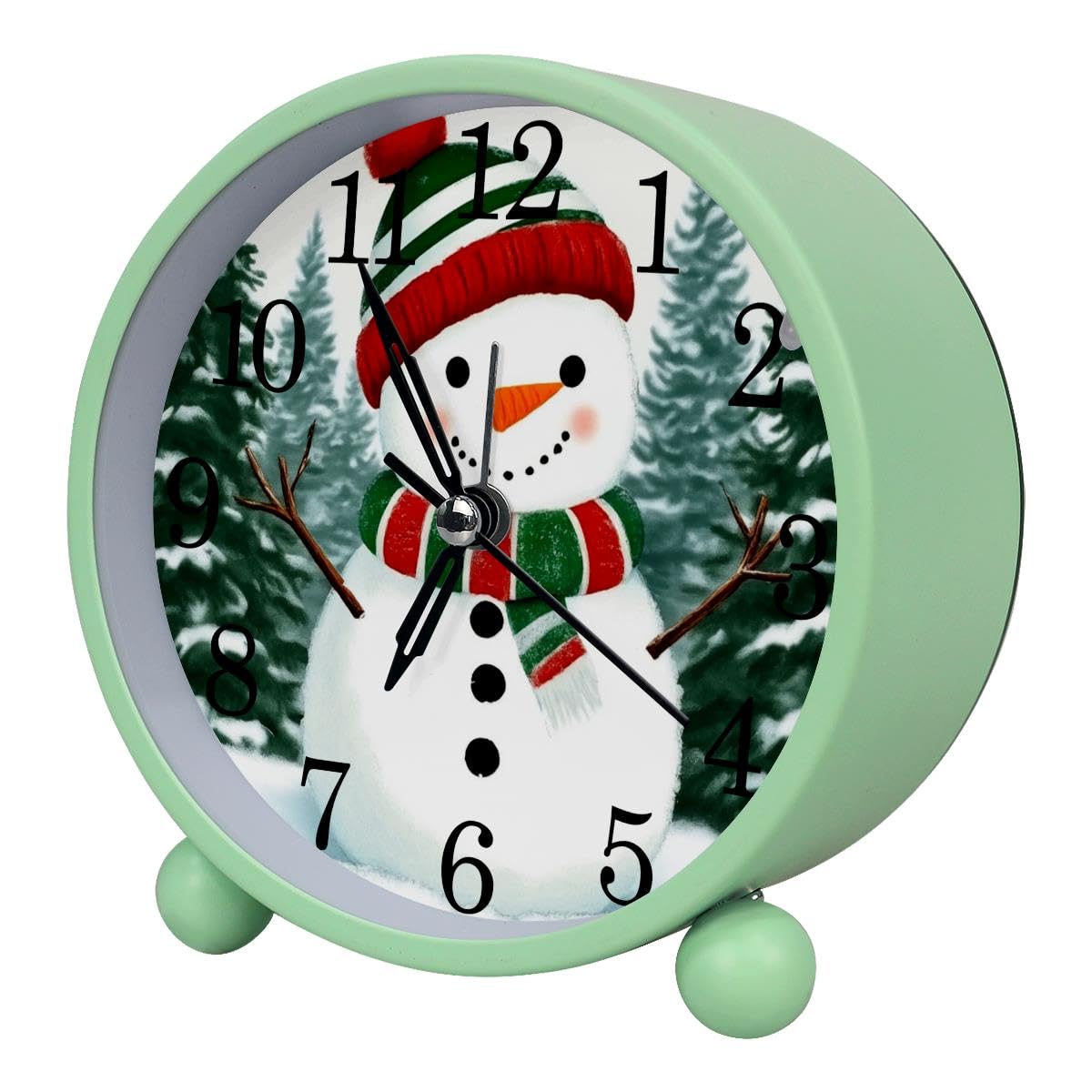 Luoweisi Alarm Clock Snowman, Silent Non-Ticking with Night Light, Round Metal Alarm Clock for Office, Battery Operated, Bedroom, Elderly, Adults, Children, Student Gifts