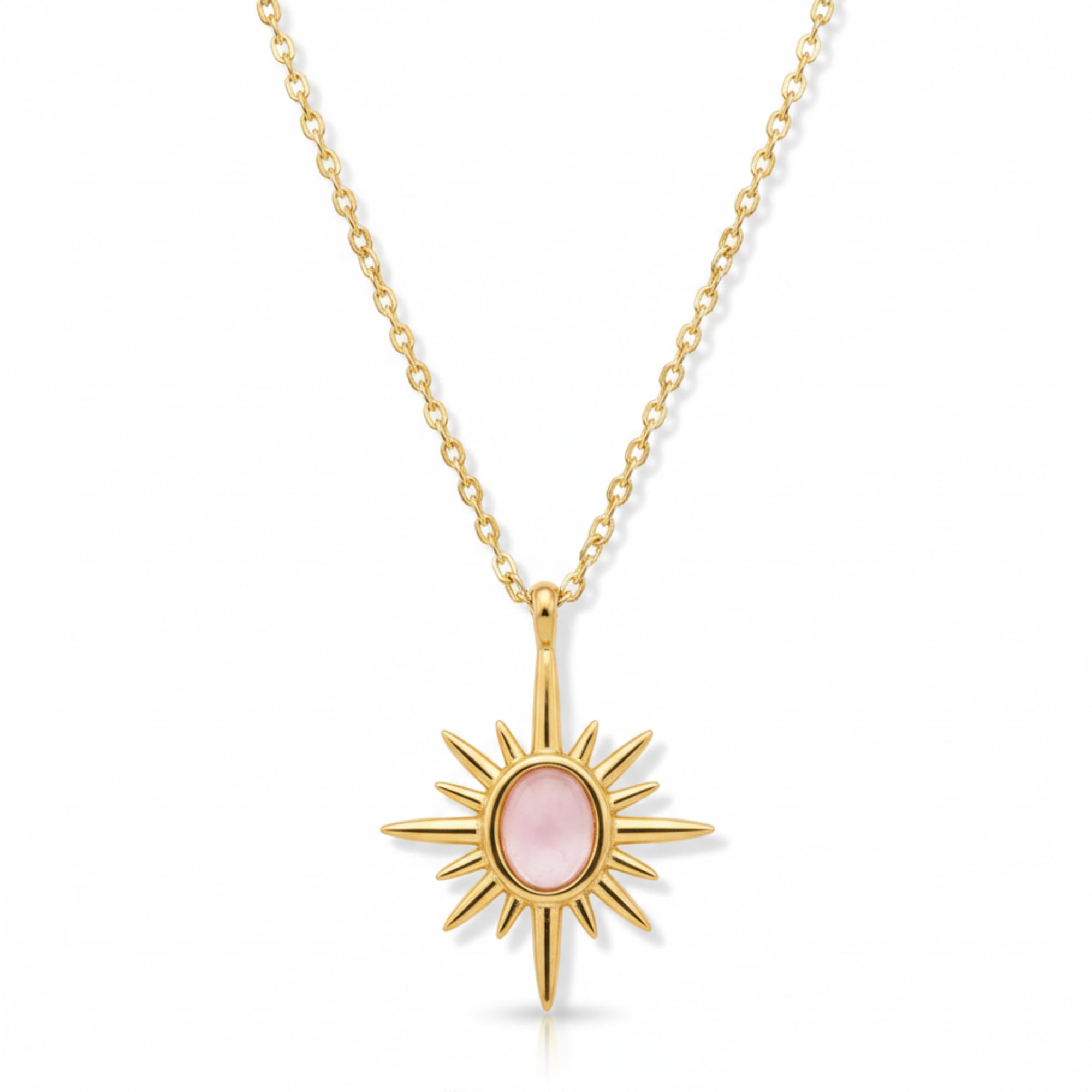 Sunburst Pendant Necklace for Women - 14k Gold Plated Celestial Sun Charm - Natural Rose Quartz Healing Stone - Bohemian Jewelry Gift for Her - Adjustable Chain-image-4
