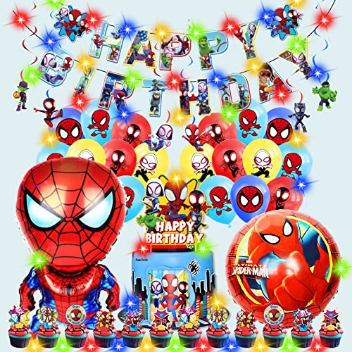 Usizaxol 51PCS Decoration Spiderman Anniversaire avec Lumière LED, Spiderman Ballons Anniversaire, Avengers Deco Gateau, Décoration Table Anniversaire, Anniversaire Super Heros Enfant Cover