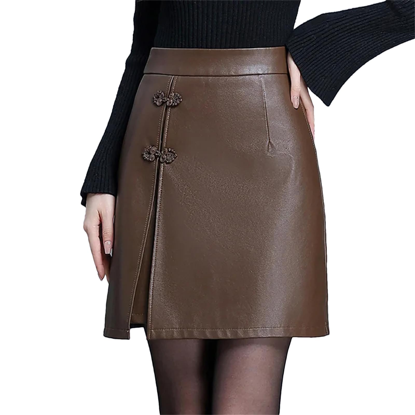 Falda de piel sintética para mujer, elegante falda de invierno, corte entallado, falda acampanada, faldas cortas para mujer