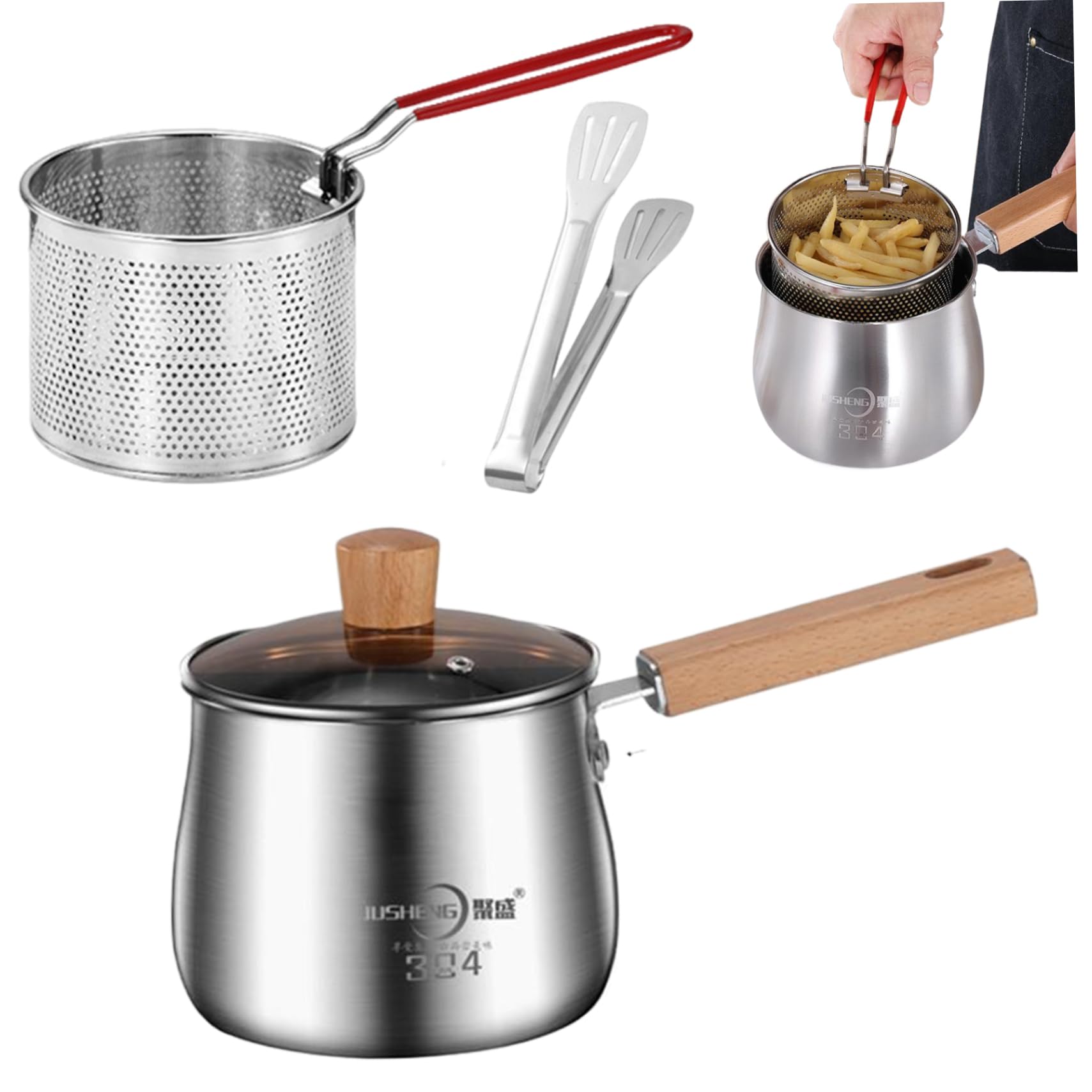 Pot de freidora 2.5L Mini freidora de acero inoxidable con canasta, tapa, pinza y mango anti-escaladrones Frey Bot para hogar, papas fritas de tempura, papas fritas, freidora pequeña con canasta fr