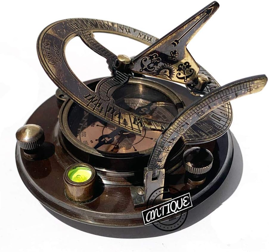 Antique Brass Binocular Spyglass with Leather Shoulder Strap + Victorian Antique Brass Sundial Compass Christmas Decorative Gifts for Men/Women