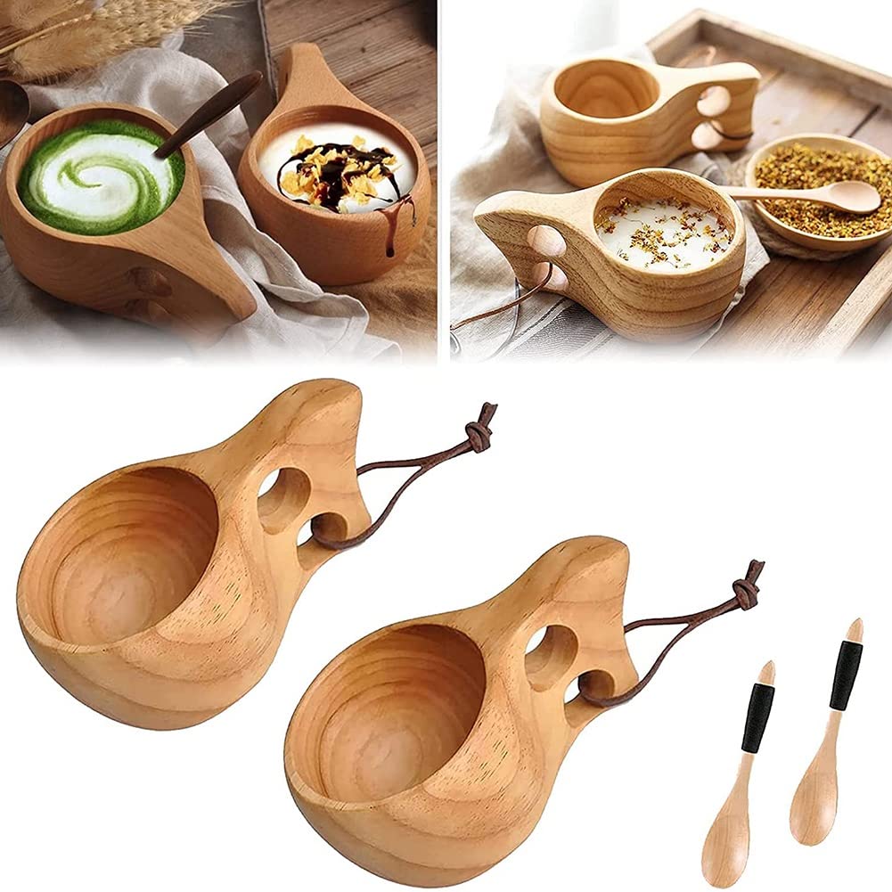 pizarra 2Pack Nordic Style Wooden Cup Kuksa Cup Portable Outdoor Camping Drinking Mug Wooden Coffee Cup with Wooden Spoon