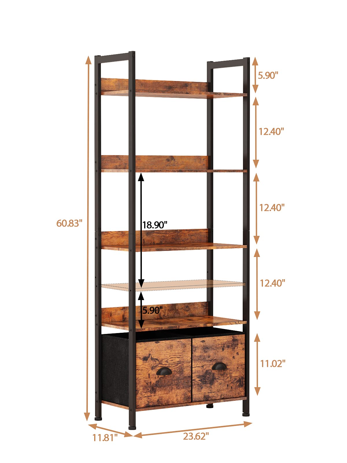 Furologee 5Tier Bookshelf, Tall Bookcase with 2 Storage Drawers