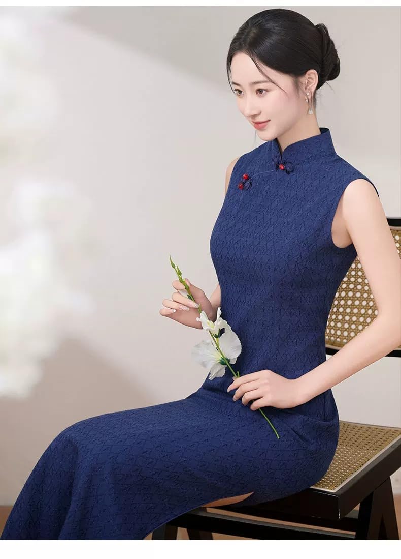 purpleq Abito Cheongsam Cinese Tradizionale Vintage Jacquard Slim Fit Senza Maniche Collo Mandarin Elegante Qipao per Feste