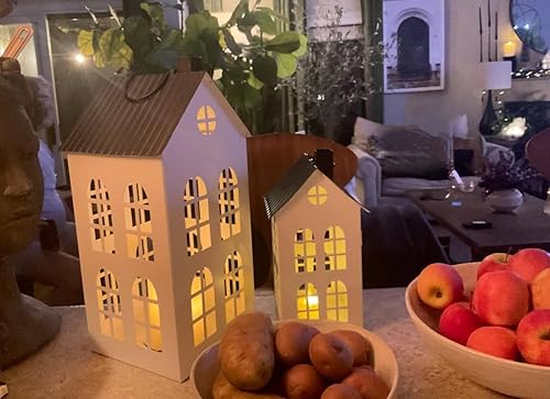 Miniatura 3 de Orchid & Ivy Juego de 2 faroles portavelas decorativos de metal blanco de 14 pulgadas con techo corrugado – Mesa o colgante de Navidad o decoración