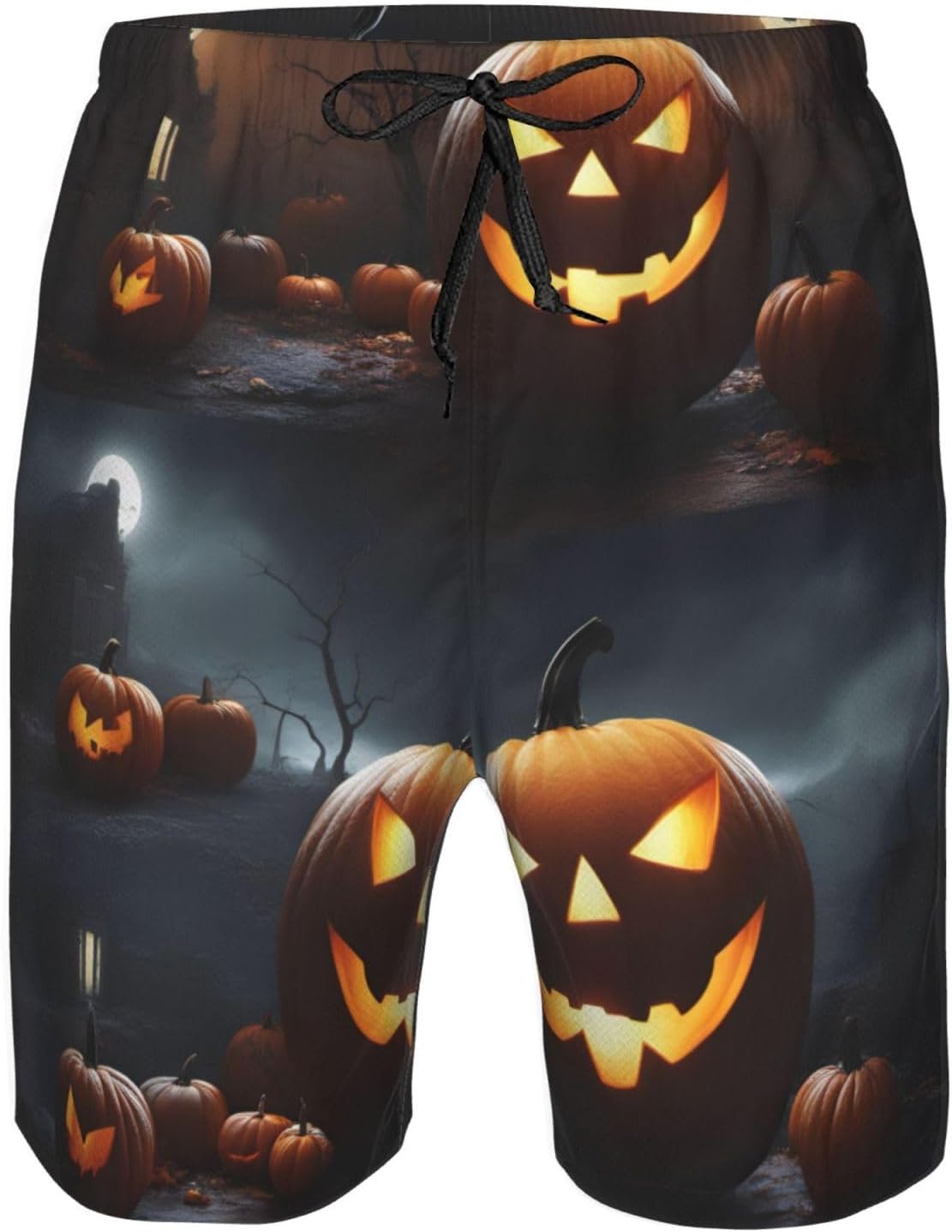 Mens Halloween Pumpkin Print Beach Shorts,Casual Summer Shorts for Men,Quick Dry Polyester