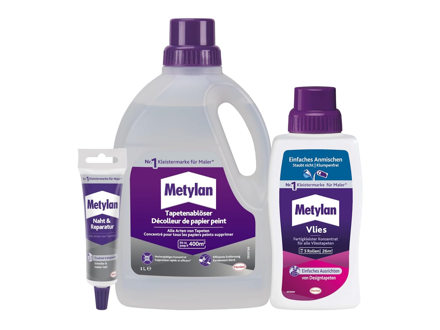 Metylan Vlies Fertigkleister Konzentrat, für den sofortigen Einsatz, (1x500g) & Metylan Naht- und Reparaturkleber (1x60g) & Metylan Tapetenablöser Aktiv-Konzentrat (1x 1l)