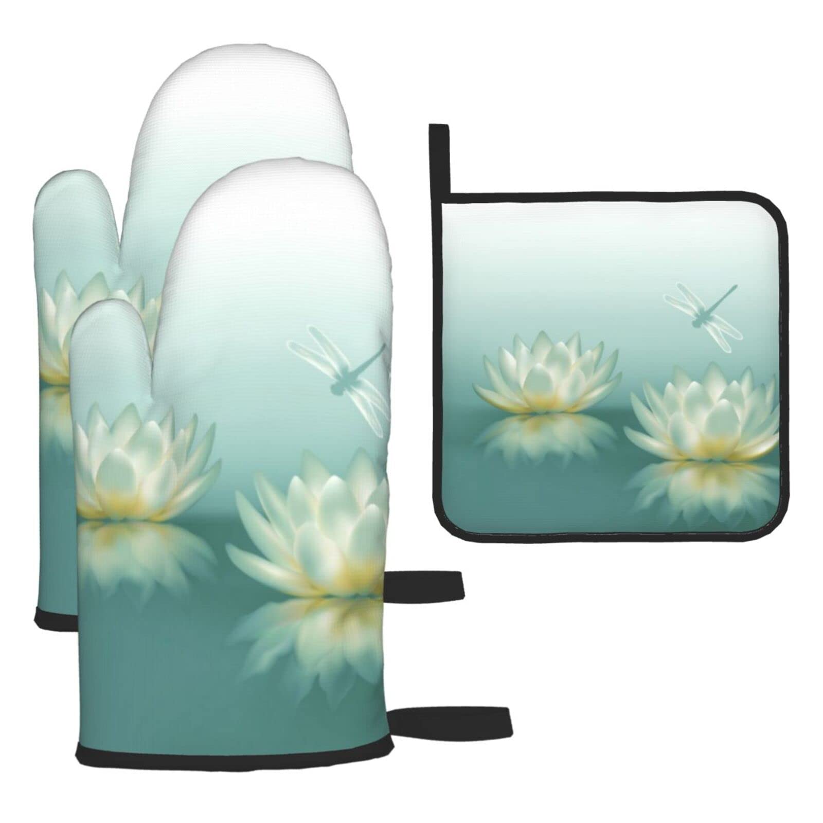 Dragonfly with Water Lily Printed Kitchen Baking Three-Piece Heat-Resistant Thick Cotton Oven Gloves for Cooking and Baking.