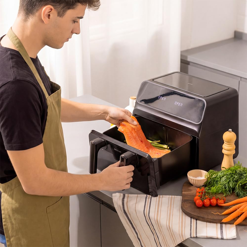 Cecotec 9L Cecofry Advance 9000 Windows Frytkownica powietrzna, bezolejowa, 2200 W, podwójne wiadro 4,5 l, ścianka działowa, podwójna temperatura, wyświetlanie okna, 8 menu, Temp 60-200 stopni, panel