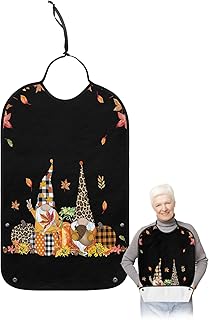 BOBOWUNY Hello Fall Adult Bibs for Elder Women Men Eating, Rustic Gnomes Pumpkin Fallen Leaves Black Waterproof & Washable Bibs for Eating Clothing Protector Dining Bibs for Crumb Catcher