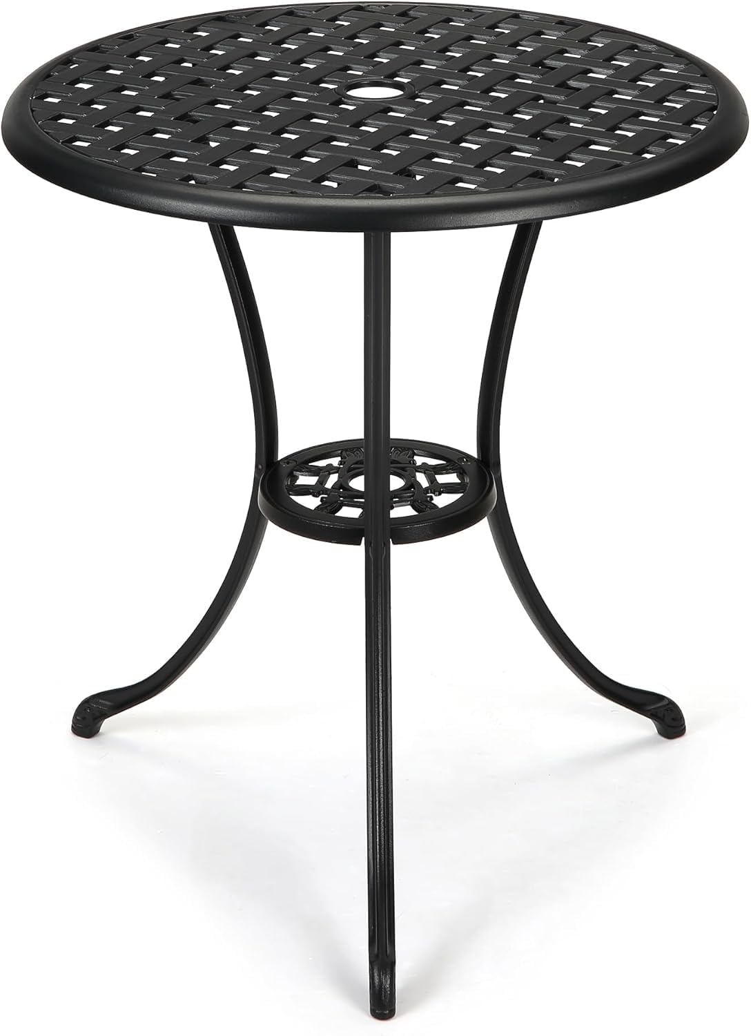 Patio Bistro Table - 24" Round Outdoor Coffee Table, Antique & Elegant Design, 2" Umbrella Hole, Outdoor Cast Aluminum Bistro with Iron Frame for Balcony Backyard Lawn