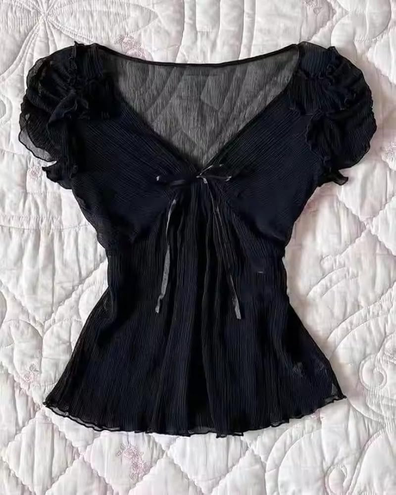 Grunge Emo Goth Shirt Y2k Lace Bow Coquette Babydoll Tops Women