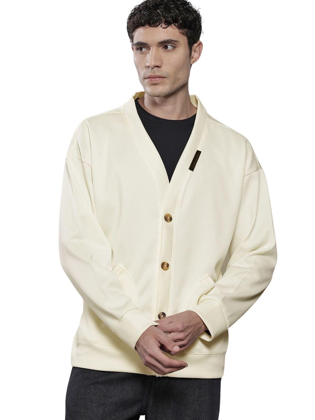 the indian garage co Men Oversized Self Design Full Sleeves Collarless Front Open Cardigan-picture-53