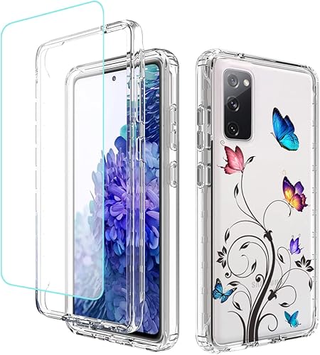 Funda para Galaxy S20 FE 5G, SM-G781U con protector de pantalla de vidrio templado, diseño floral de cuerpo completo, carcasa rígida + funda de TPU