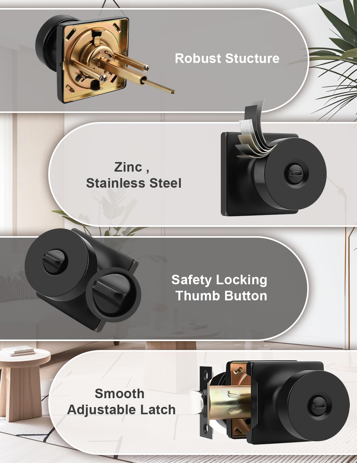 6 Pack Interior Privacy Door Knob with Lock, Matte Black Door Handle for Bathroom and Bedroom, Zinc Alloy Heavy Duty Door Knobs on Square Rose