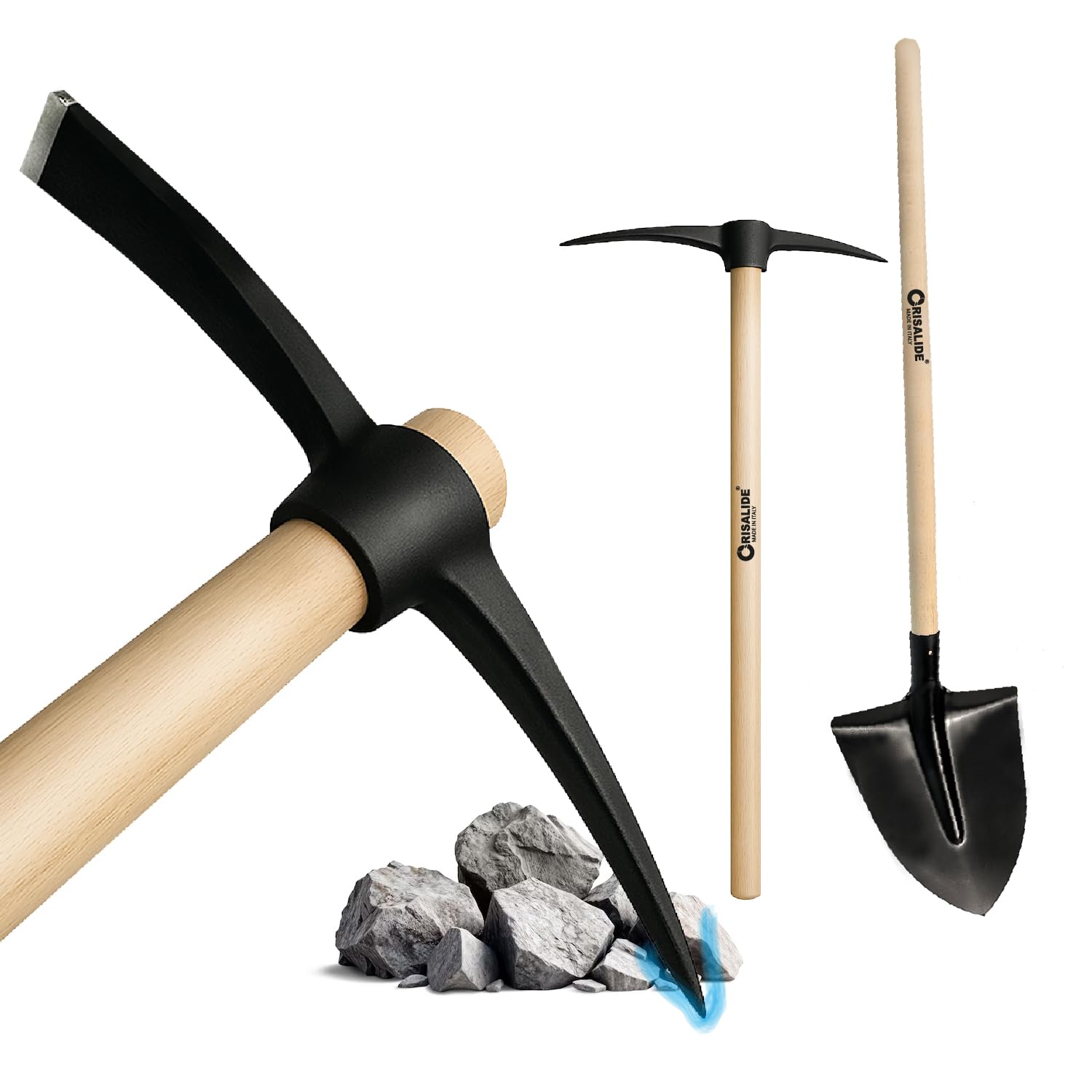 Crisalide® Set d'outils Pelle et Picone – Pelle en acier renforcé 40 x 29 cm avec poignée hêtre 135 cm + pic 47 cm en acier trempé – outils de creusement résistants pour sols durs et rocheux.