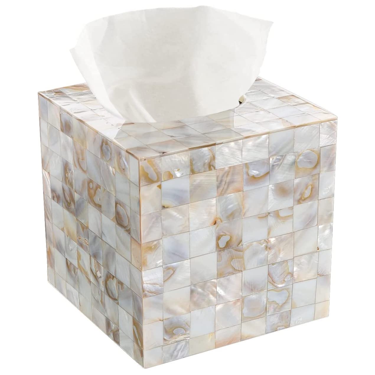 Angju Tissue Box Cover Square – Decorative Square Tissue Box Holder for Bathroom Finished in Beautiful Mother of Pearl Shells - Tissues Cube Box Cover with Durable Bottom Slider