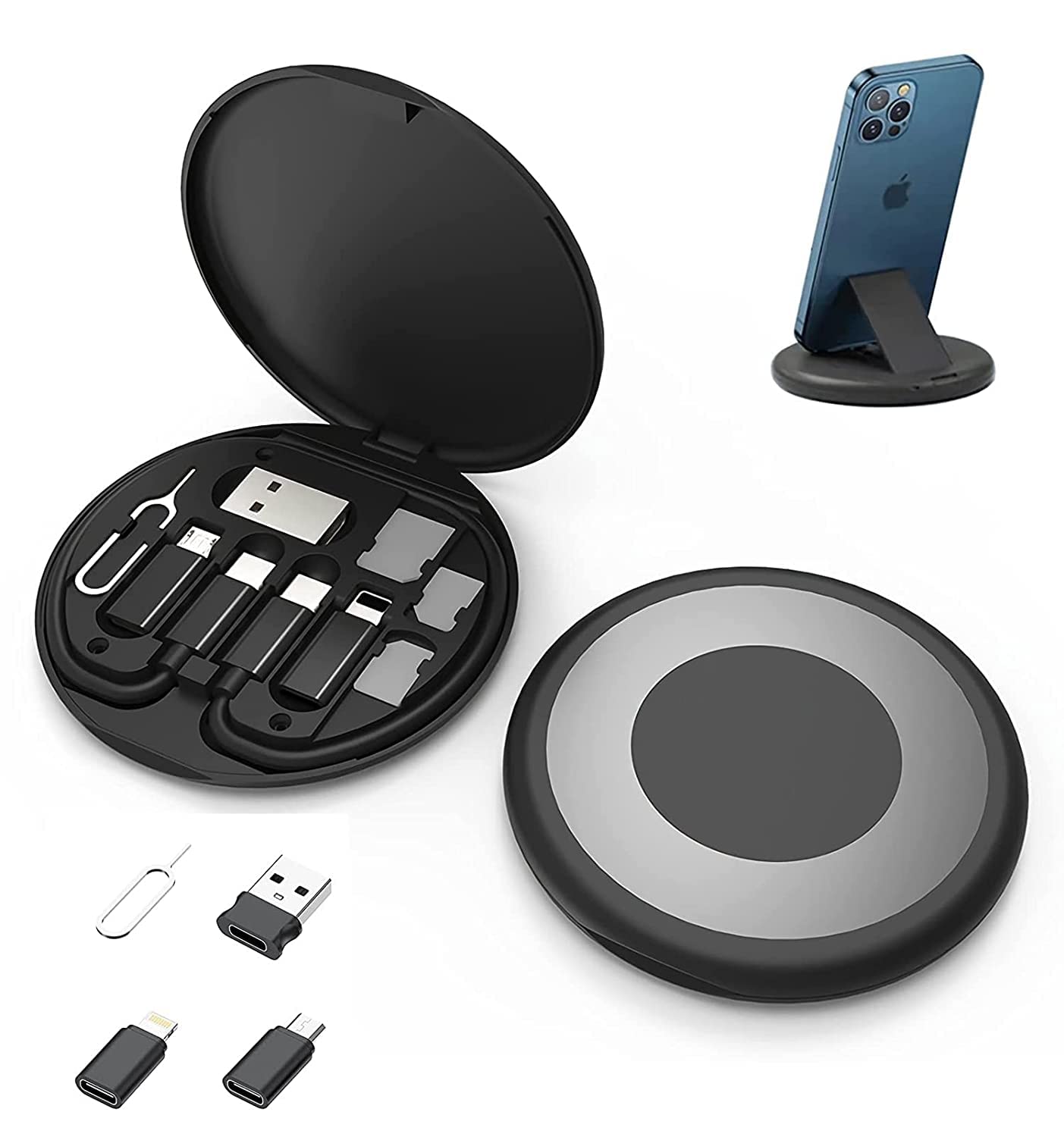 KLIFFOO Pocket Travel Data Transfer Tool, 5-in-1 Multi-Type Phone Micro USB Type C Adapter Cable Conversion Head Set Portable Cell Phone Holder with Storage Box Compatible for Android iOS Laptop