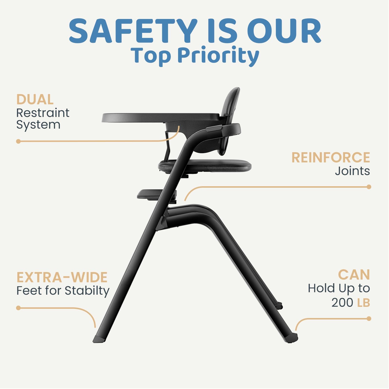 HARPPA Caspio Baby High Chair with Removable Tray and Cushion, 6-Level Adjustable Seat and Footrest, All-in-One High Chair for Babies and Toddlers, Matte Black