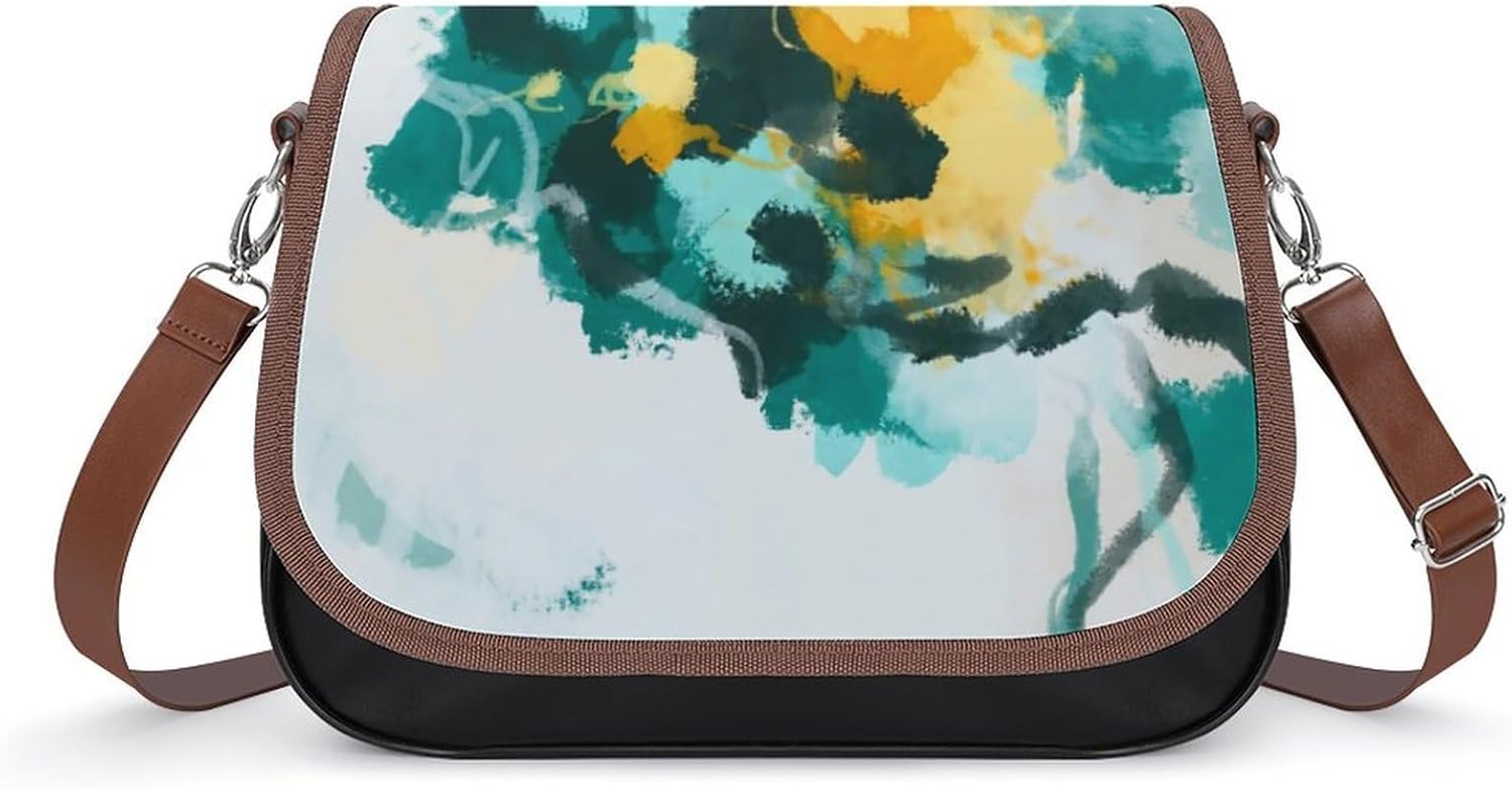 Modern Abstract Teal And Yellow Painted DesignWomen's Faux Leather Crossbody Bag, Waterproof Wrinkle-Resistant Shoulder Bag with Detachable Strap, Large Capacity Casual Handbag, Fashion Daily Purse Fo