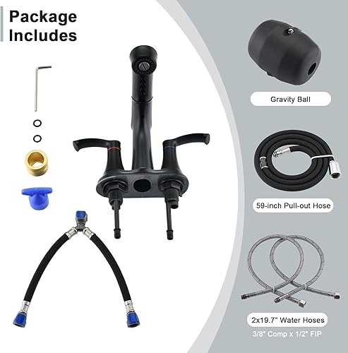 Miniatura 7 de Besfelos Grifo de baño con rociador extraíble, juego central de 4 pulgadas, grifo de fregadero de 3 agujeros, grifo extraíble de 2 manijas para