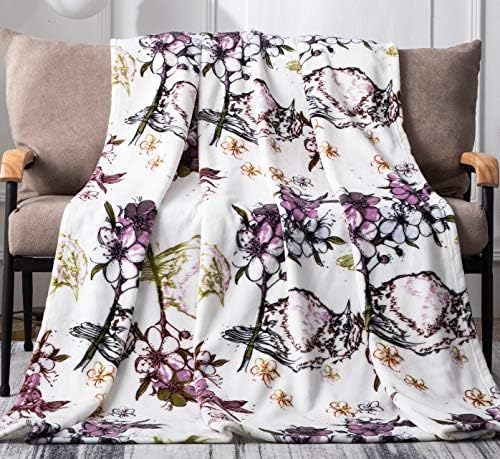 DaDa Bedding Soft Faux Mink Fleece Flannel Purple Floral Throw Blanket - Blossom Garden Birds Elegant Orchid Lavender & Olive Green - Plush Warm Animal Lover House Warming Decor Gift Idea - 90" x 90"