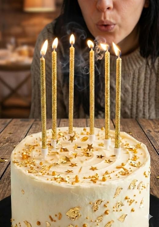 6 Pack Tall Gold Glitter Candles with Holders (14cm) – Elegant Sparkling Birthday Cake Decorations – Reusable Long Thin Wax Tapers for Anniversary, Wedding & Party Toppers