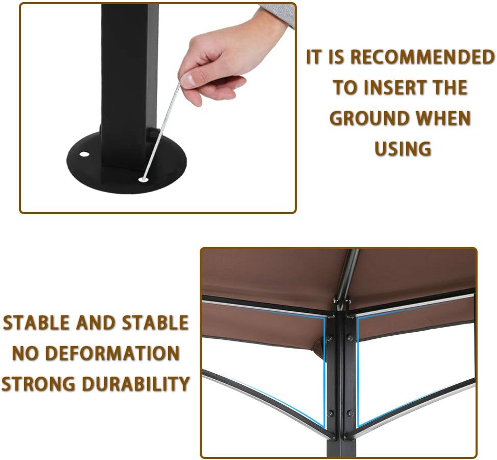 A hand inserting a ground nail into the foot plate of a gazebo post for enhanced stability.