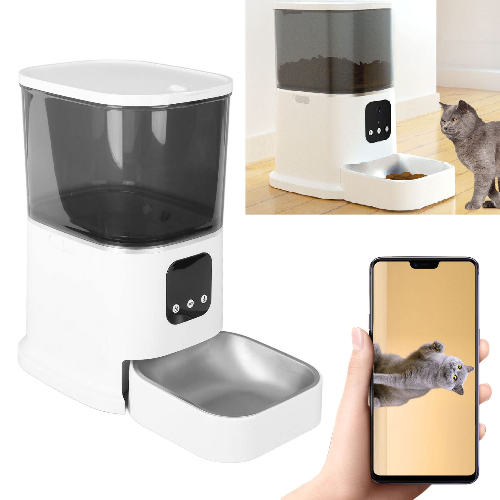 Comedero Automático para Gatos, Comedero Automático para Perros de 6L con Aplicación, Comederos Temporizados para Gatos, Alimentador Inteligente WiFi para Mascotas Dispensador de Alimentos(Blanco)
