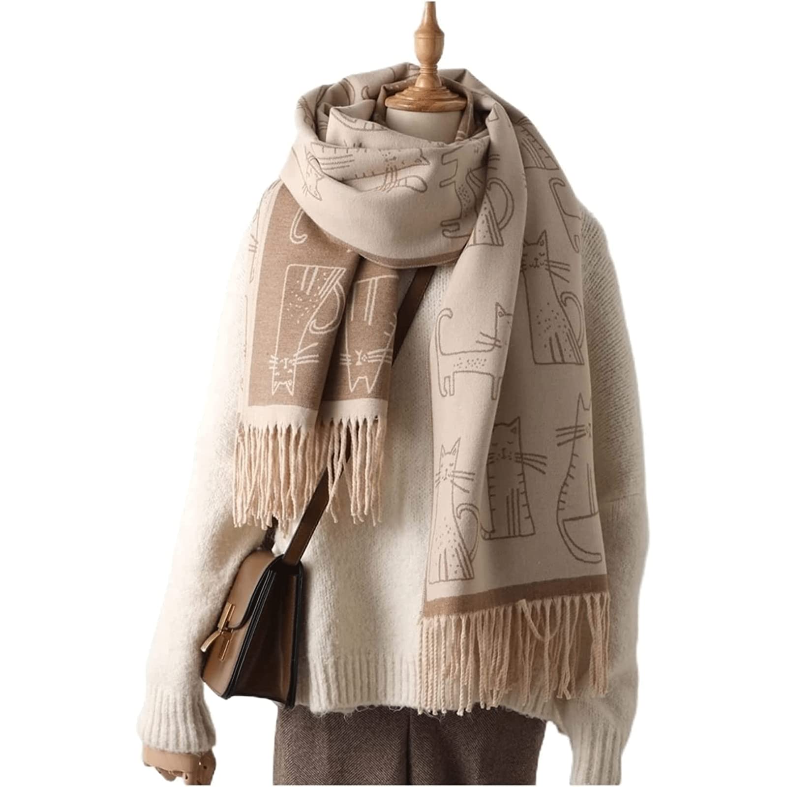 TIANYIA Schal Kaschmir-Polyester-Schal, Schals mit niedlichem Cartoon-Katzenmuster, Warmer, weicher und Dicker Schal, Damen-Wickelschal, 200 x 65 cm Zwanglos