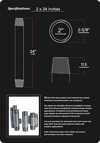 Miniatura 3 de Supply Giant Tubo galvanizado de 2 pulgadas, tuberías de acero maleable de dos pulgadas, montaje de muebles vintage de bricolaje, 2 x 24 pulgadas
