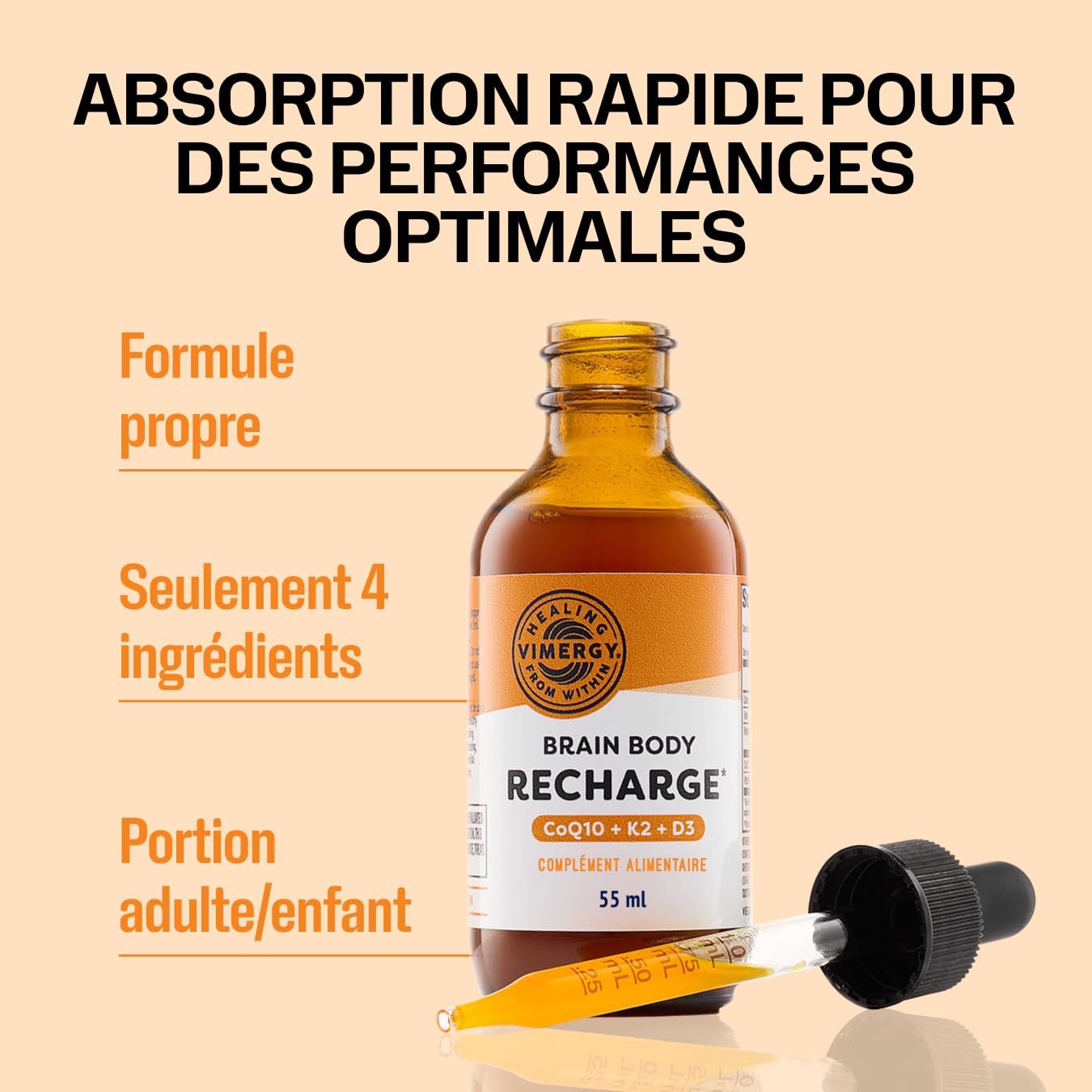 Vimergy Brain Body Recharge* – avec vitamine D3, K2 et CoQ10 – Renforce les muscles et les os – Protège contre les radicaux libres – Végane et sans gluten – 55 mL