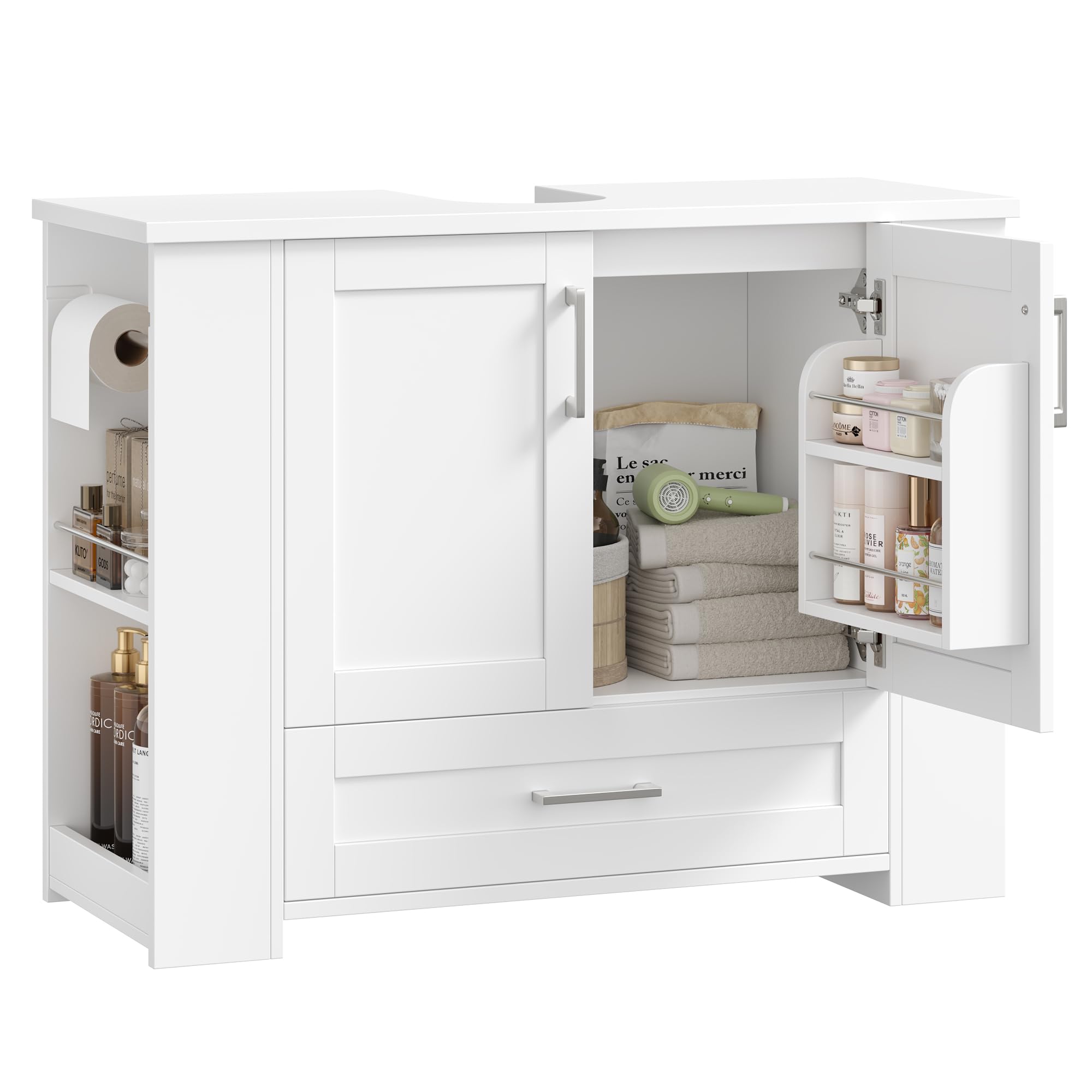 FOREHILL 80cm Mueble Baño Lavabo, Mueble Lavabo con Pie, Blanco | Mueble Baño, con 2 Portarrollos, 2 Puertas, 1 Cajón, 4 Estantes Abiertos, 80x30x63,5cm