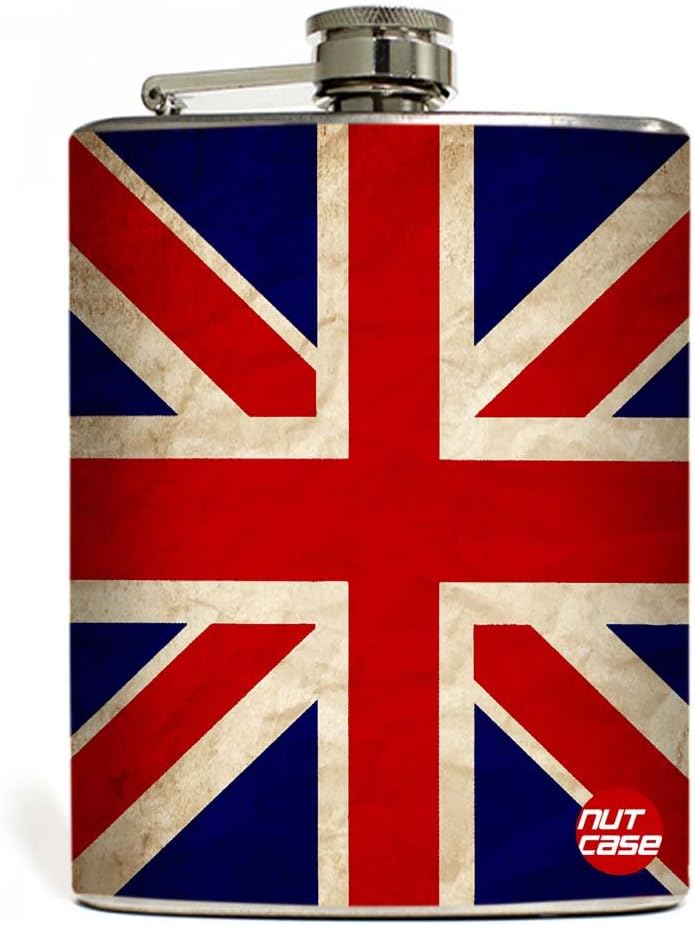 Designer Hip Flask 9 Oz - Nutcase - with Free Funnel Along - Vintage Union Jack British Flag