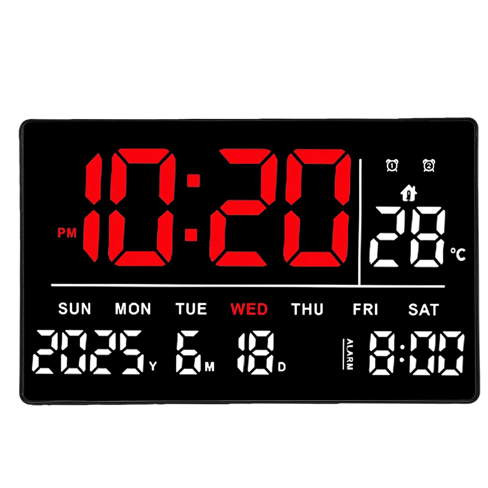 Brrnoo Orologio da Parete Digitale LED, Sveglia con Display Rosso Bianco Ora Data Temperatura Calendario Luminosità Regolabile for Casa Ufficio Scrivania