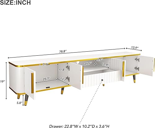 Miniatura 98 de Merax Moderno soporte de TV con patas de metal, asas doradas, líneas geométricas y estantes ajustables para televisores de hasta 80 pulgadas, mesa
