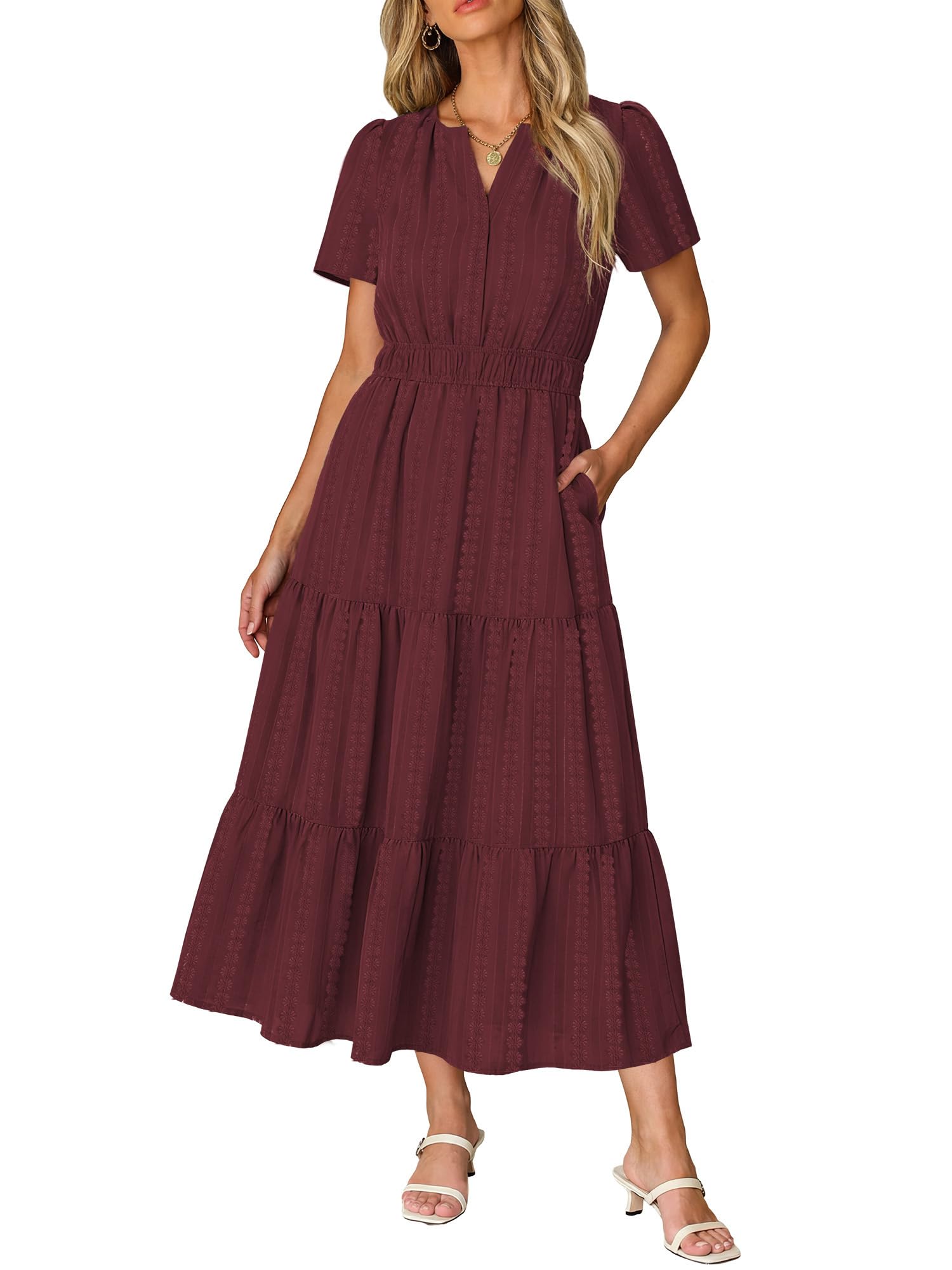 RUMIA Women Casual Midi Maxi Dresses Short Sleeve V Neck Elastic Waist Vacation Dress Pockets（S-2XL — view 17