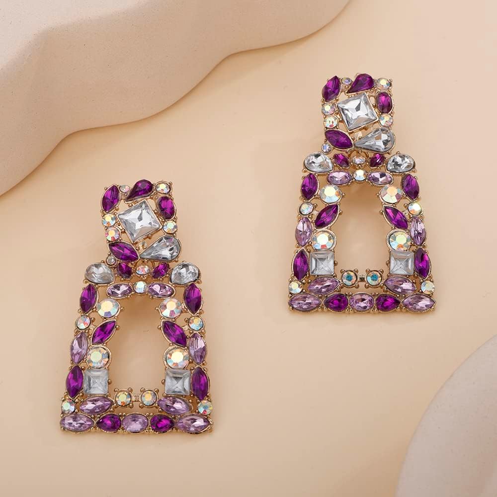 Denifery Rhinestone Rectangle Dangle Earrings for Women Sparkly Crystal Geometric Drop Statement Earrings for Prom Wedding (Purple) - Image 4